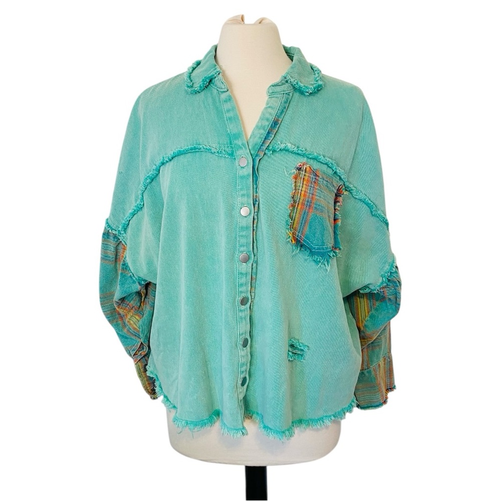 POL Shacket Women’s Medium Teal Denim Plaid Patchwork Distressed Oversized - Picture 3 of 13